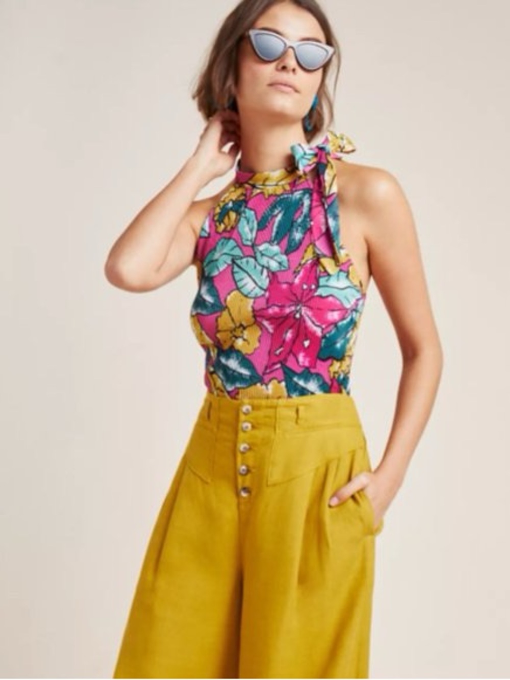 Maeve Anthropologie Gloucester Floral Pleated Tie Neck Halter Top Pink Size M